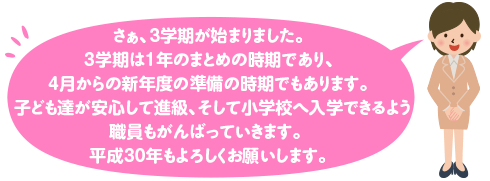 さぁ３学期が始まりました。3学期は1年のまとめの時期であり、4月からの新年度の準備の時期でもあります。子ども達を安心して進級、そして小学校へ入学できるよう職員もがんばっていきます。平成30年もよろしくお願いします。